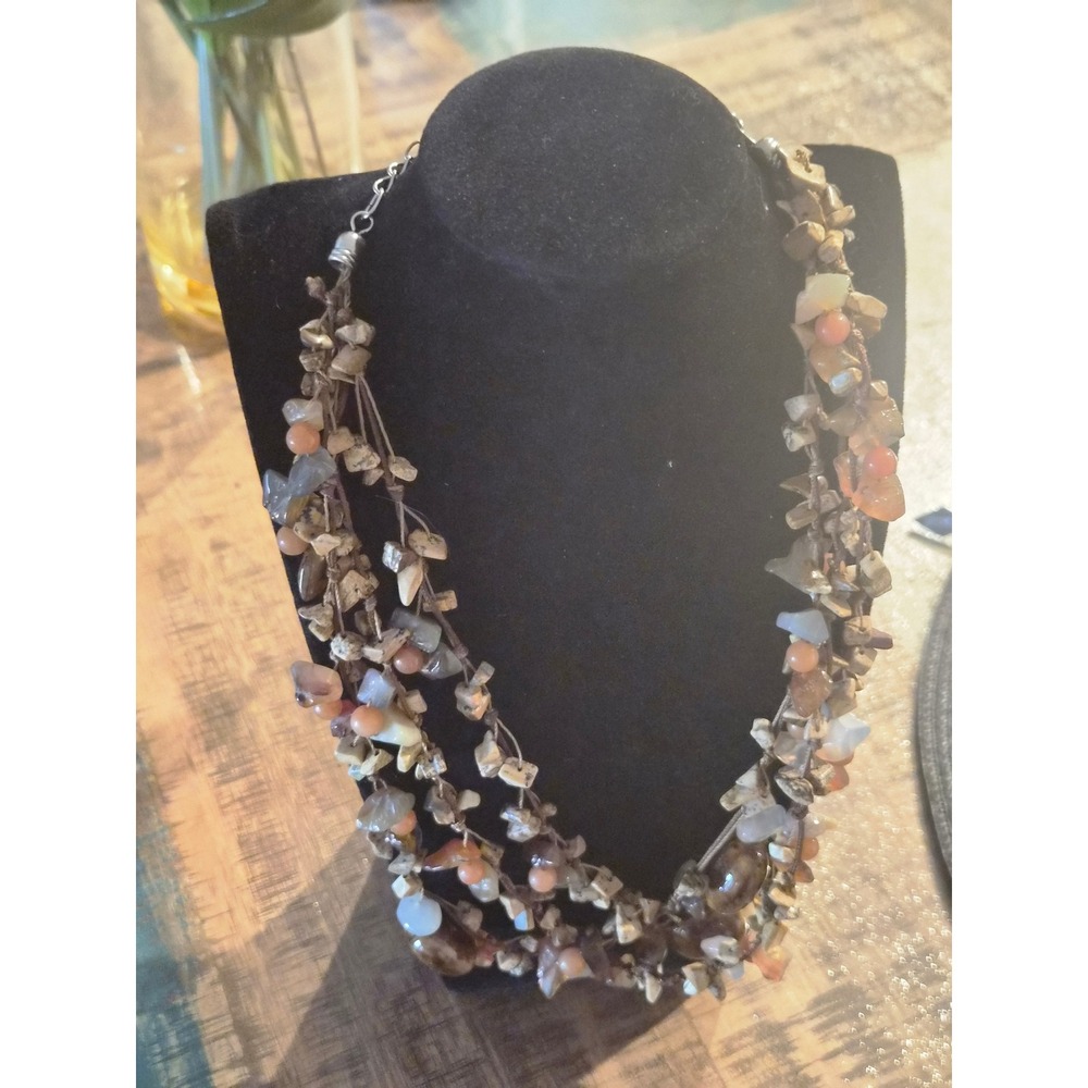 EsMor Multi Strand Natural Stone Chip Bead Statement‎ Necklace Boho Earth Tones